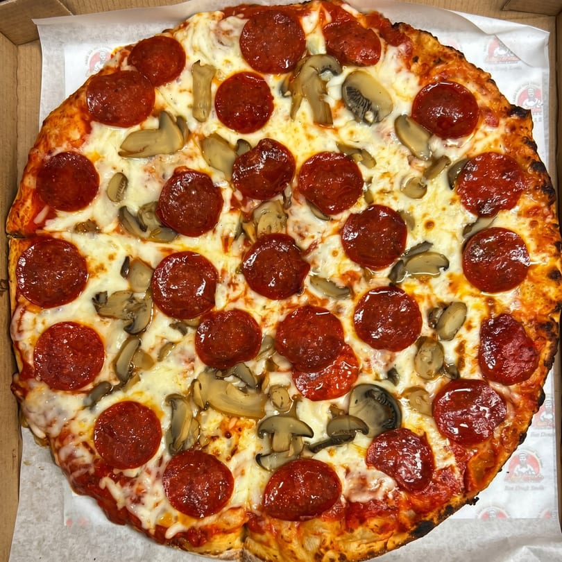 A whole pepperoni and mushroom pizza in a cardboard box, with melted cheese and a crispy crust.